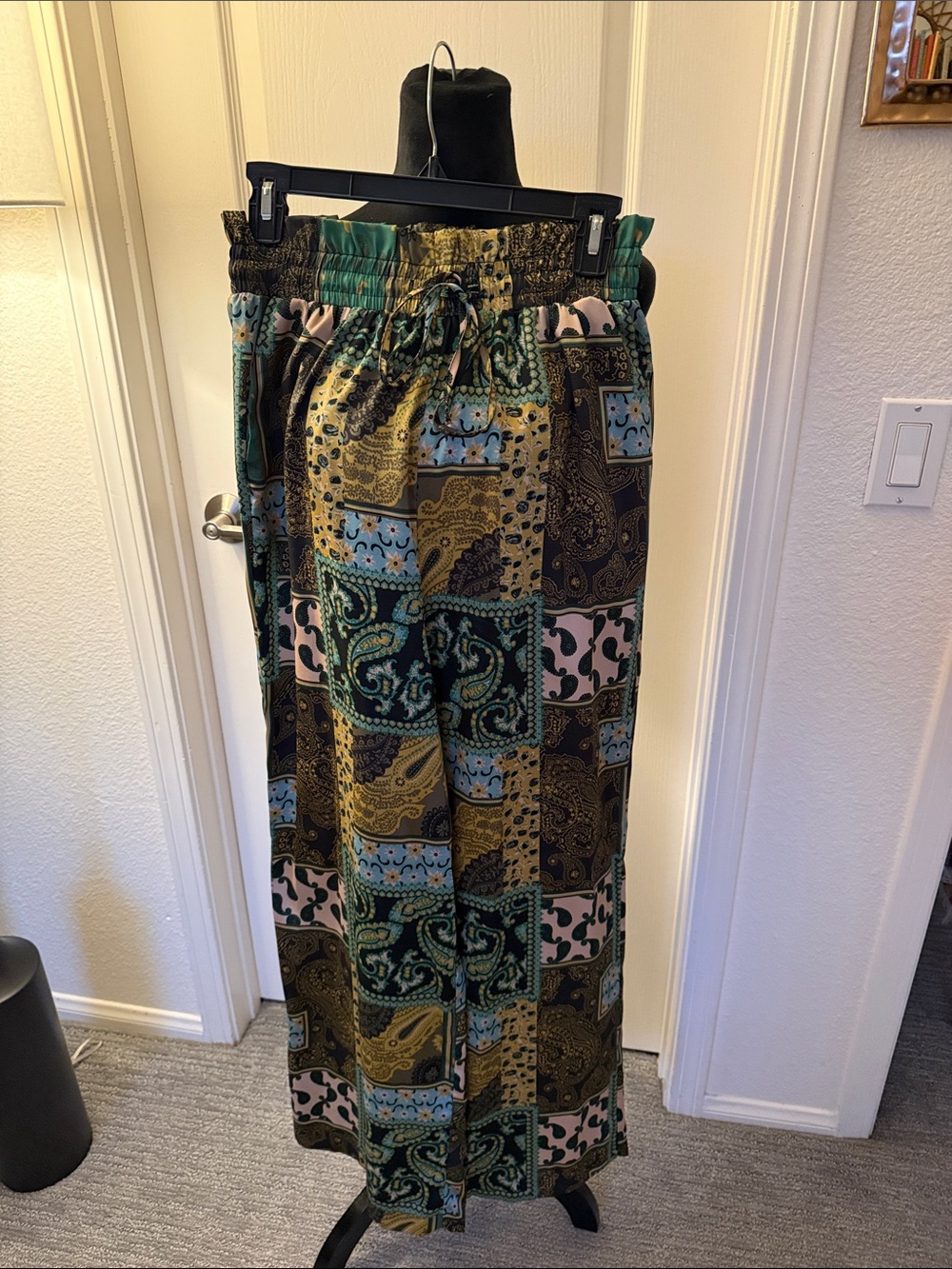 Free People Patchwork Paisley Wide Leg Pants - Green, Mustard & Pink